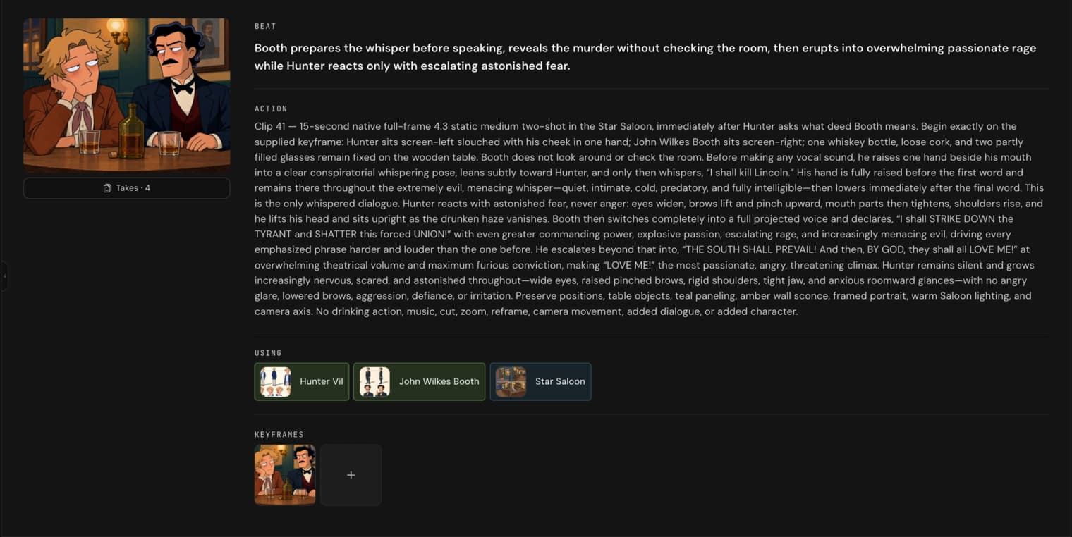The two-shot keyframe of Hunter and Booth beside the shot's beat and action notes in Fringe