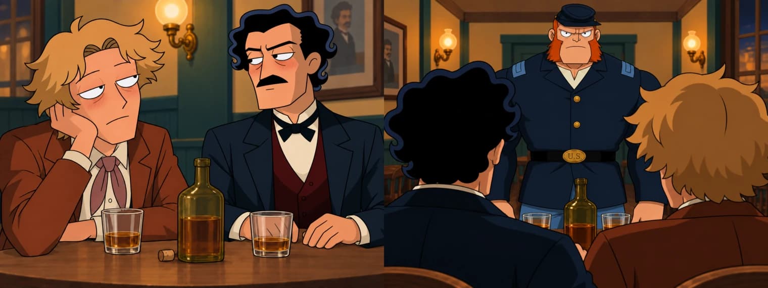 The two-shot beside the over-the-shoulder angle looking past Hunter and Booth toward the soldier