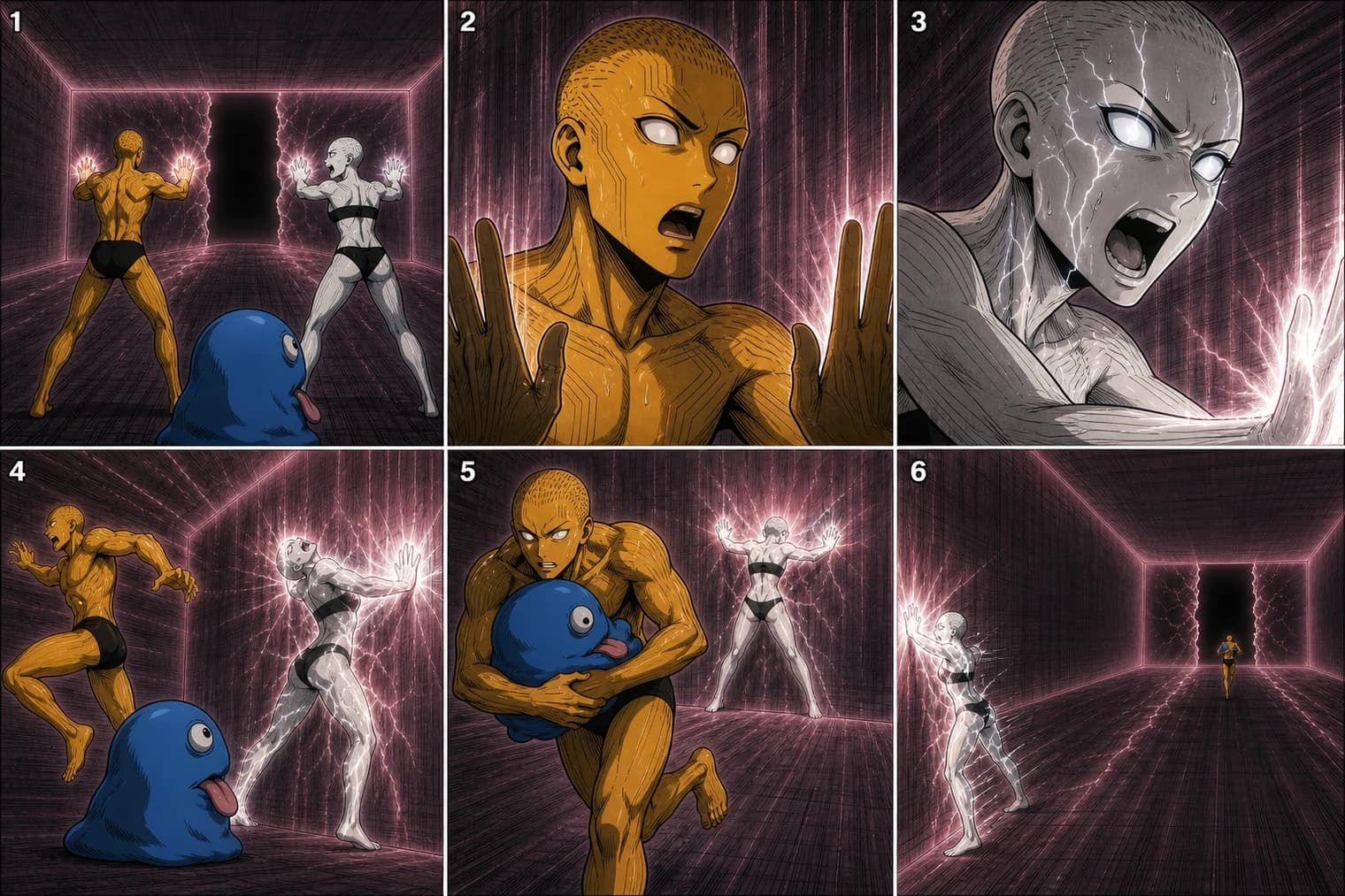 A six-panel storyboard of the escape, from the shared effort at the wall to Sol running for the gate