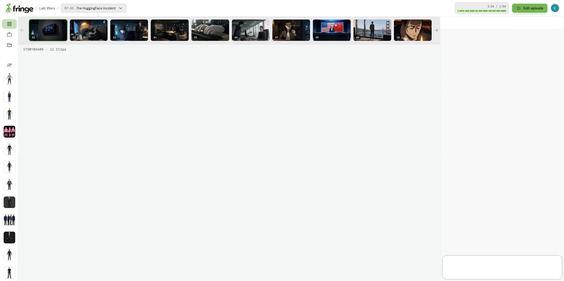 The Fringe studio: an episode storyboard of generated clips beside the agent chat