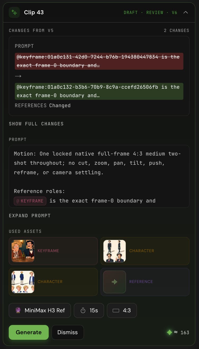 Fringe's shot proposal for Clip 43, listing the prompt changes, the keyframe and character references, and the generate action