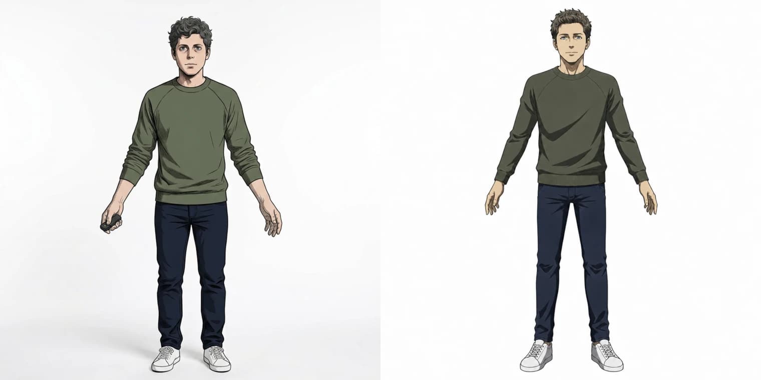 Two character sheet renders side by side, one holding a remote and the revised version without it